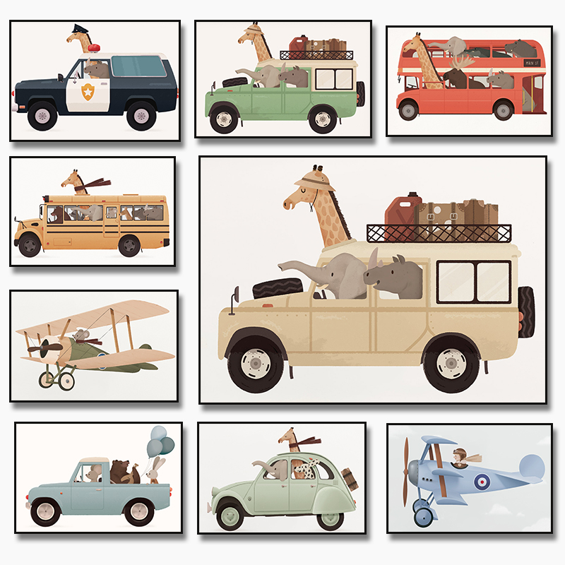 Heavy Equipment Background - ยีราฟช้างหมีสัตว์รถ Travel Nursery Wall Art ภาพวาดผ้าใบโปสเตอร์และพิมพ์ภาพผนังเด็กตกแต่งบ้าน