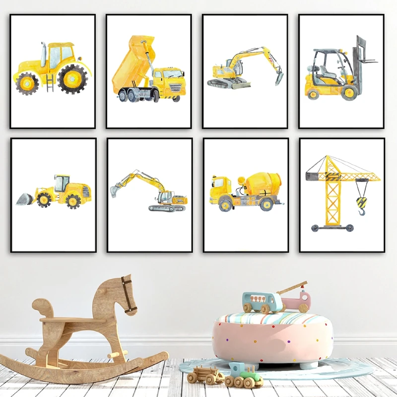 Heavy Equipment Background - รถก่อสร้างสีน้ํา Nursery Wall Art รถยนต์รถบรรทุกโปสเตอร์และพิมพ์ภาพผนังเด็กตกแต่งห้องภาพวาดผ้าใบ