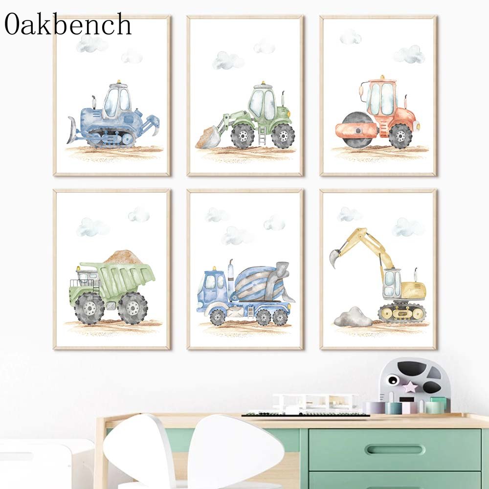 Heavy Equipment Background - รถของเล่นโปสเตอร์ผ้าใบ Excavator พิมพ์ภาพรถ Bulldozers Art พิมพ์เนอสเซอรี่โปสเตอร์ผนังเด็กตกแต่งห้อง