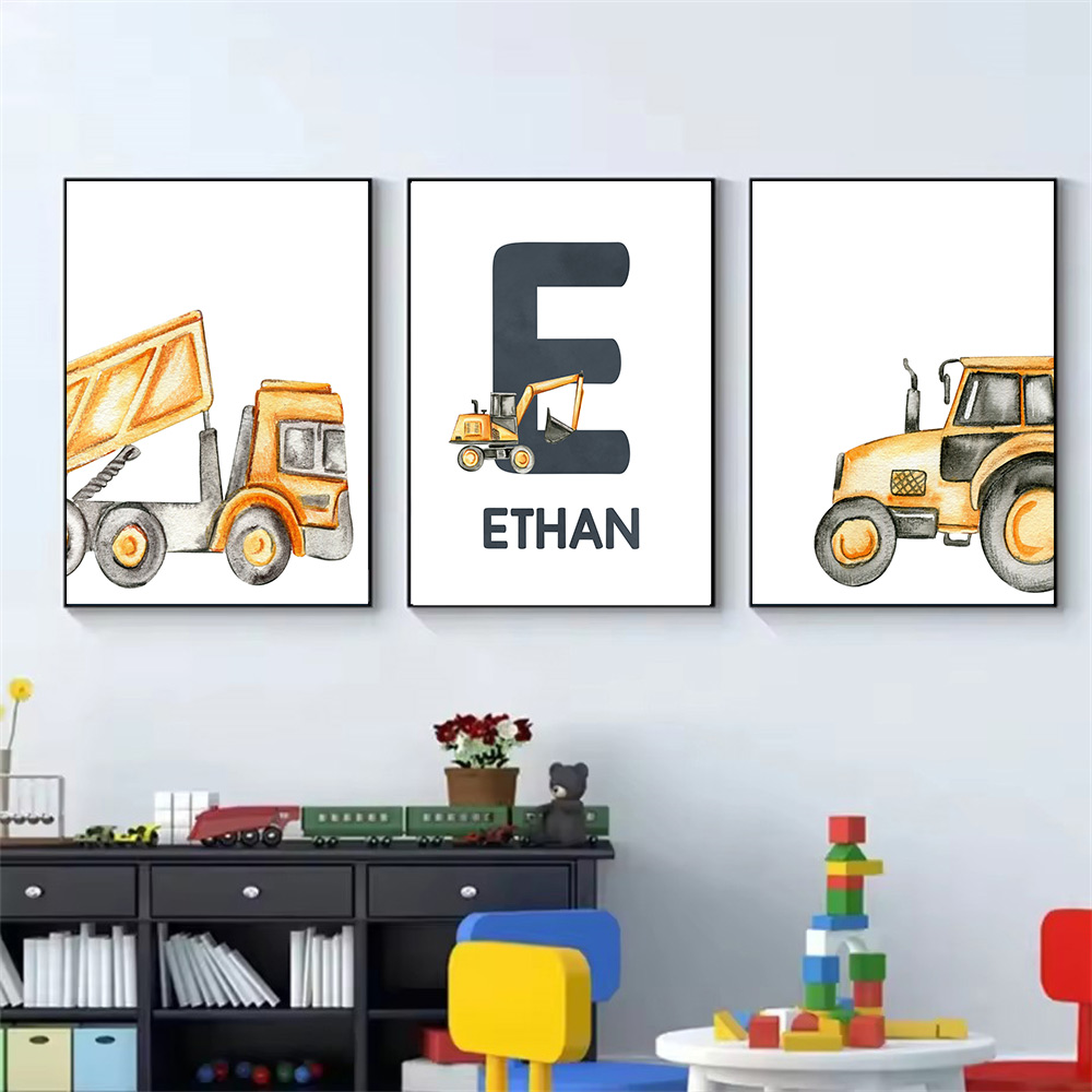 Heavy Equipment Background - โปสเตอร์ภาพการ์ตูนรถบรรทุก รถแทรกเตอร์ งานศิลปะยานพาหนะก่อสร้าง ภาพพิมพ์บนผ้าใบแบบกำหนดเอง ภาพตกแต่งผนังห้องเด็กผู้ชาย