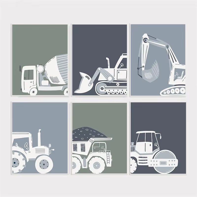 Heavy Equipment Background - โมเดิร์นการ์ตูนรถก่อสร้างโปสเตอร์รถบรรทุกรถแทรกเตอร์Excavatorภาพวาดผ้าใบWall Artสําหรับเนอสเซอรี่Boys Room Home Decor