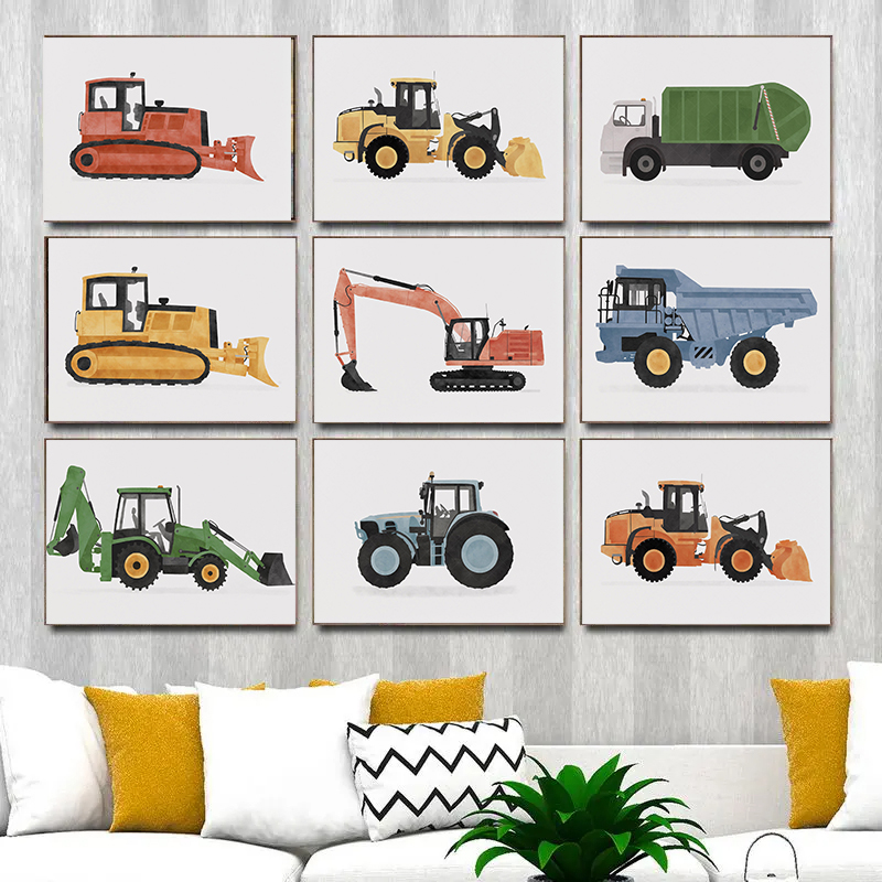 Heavy Equipment Background - คลาสสิกเทคโนโลยีความคืบหน้าการ์ตูนโปสเตอร์รถรางความเร็วสูง Cruise การขนส่งภาพวาดผ้าใบภาพผนังตกแต่งบ้าน