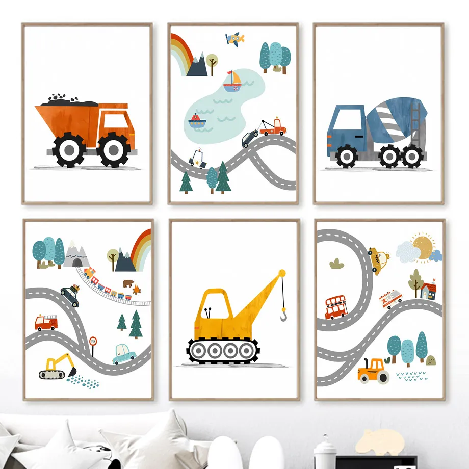 Heavy Equipment Background - Modern Nordic สไตล์ผ้าใบพิมพ์ภาพวาดโปสเตอร์รถการ์ตูนจํานวนเด็กภาพผนัง Art Studio Kids