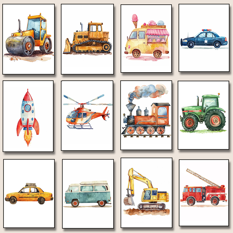 Heavy Equipment Background - เฮลิคอปเตอร์ Fire รถบรรทุกรถแทรกเตอร์เครื่องบินจรวดโปสเตอร์ภาพวาดผ้าใบ Nordic Wall Art